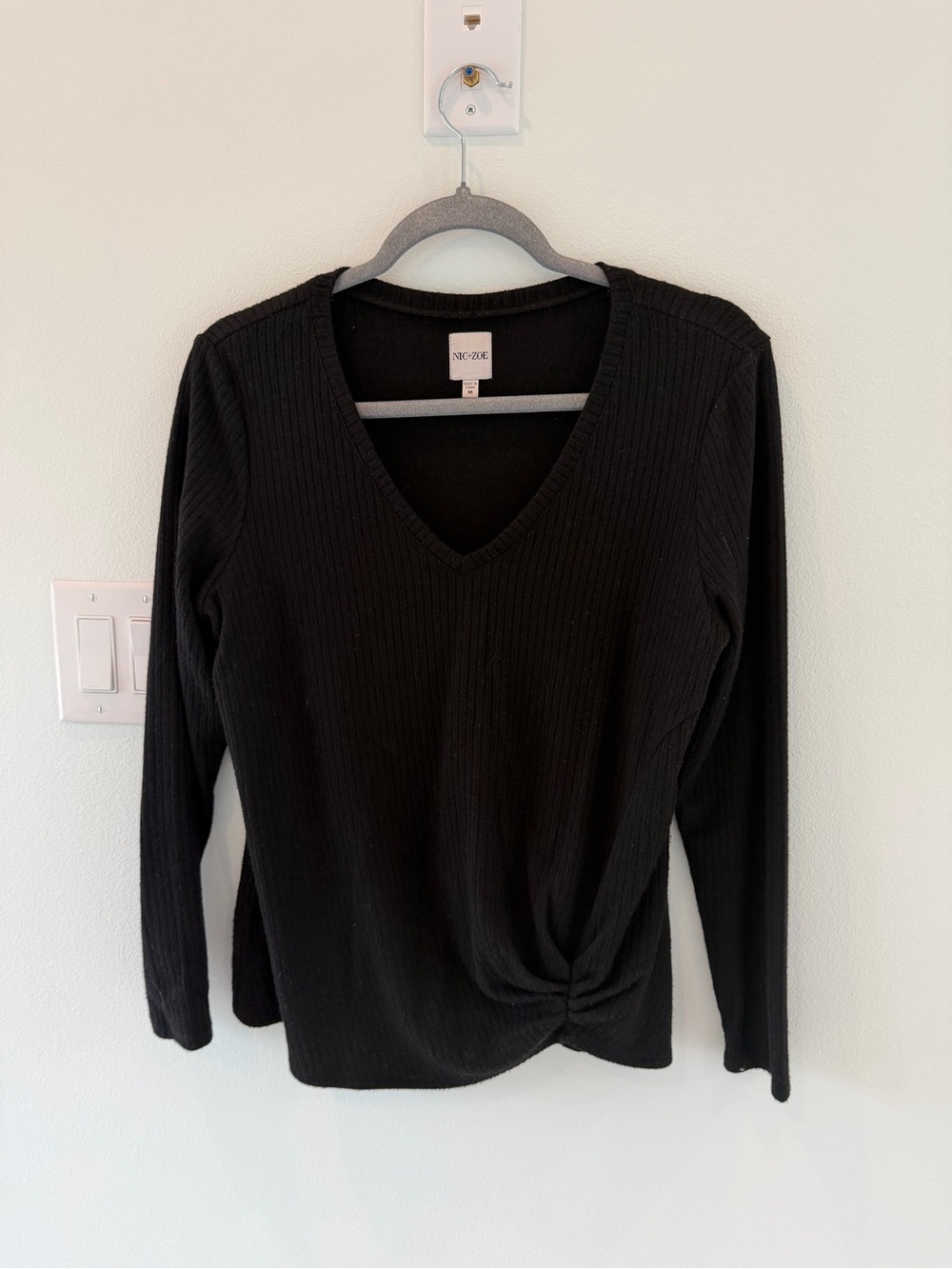 NIC+ZOE Black Ribbed V-Neck Long Sleeve Top with Twist Detail
